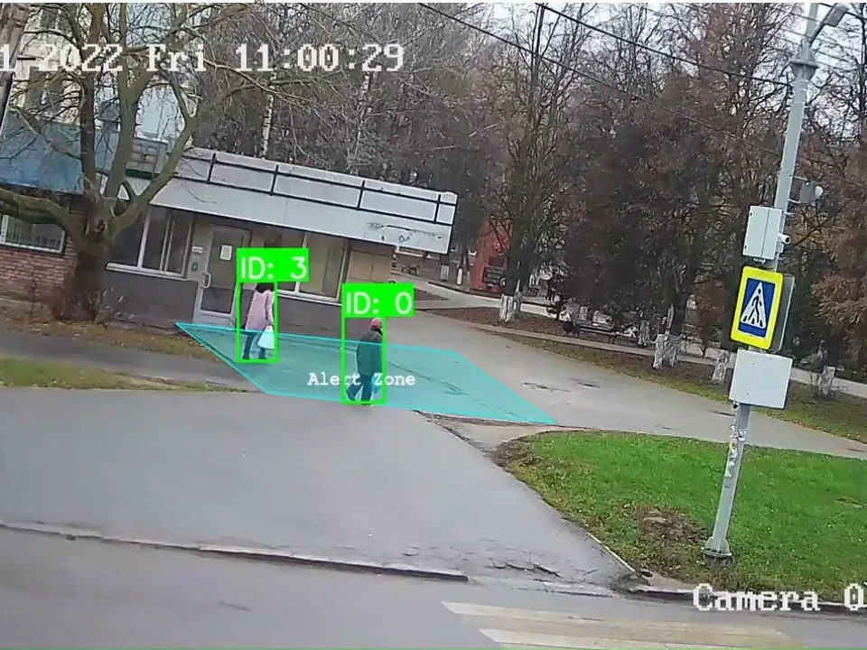 Размеченная зона на кадре с камеры и детекция человека внутри неё